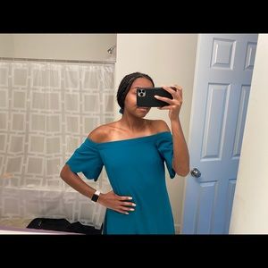 off the shoulder teal scallop dress